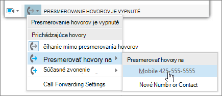 Rozbaľovacia ponuka Presmerovanie hovorov v hlavnej ponuke
