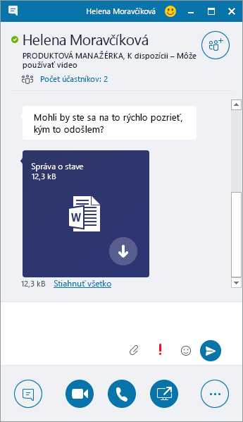 Snímka obrazovky s oknom okamžitých správ s prílohou prichádzajúcej správy.