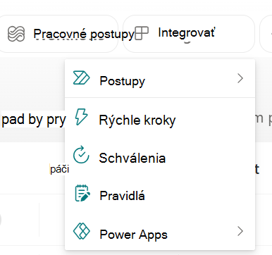 Snímka obrazovky znázorňujúca rozbaľovaciu ponuku Integrovať.