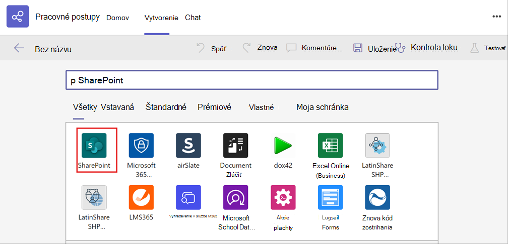 Snímka obrazovky s výberom aplikácie SharePoint