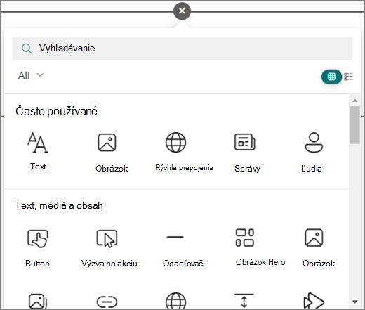 Vyberte kruh na upravovanej stránke SharePointu. Zobrazia sa dostupné webové časti.
