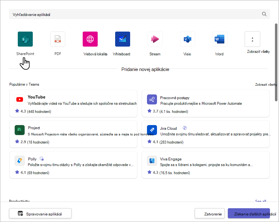 Dialógové okno Pridanie karty SharePoint.