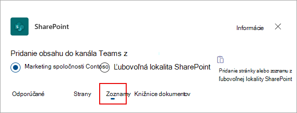 Vyberte položku Zoznamy a pridajte zoznamy do kanála Teams.