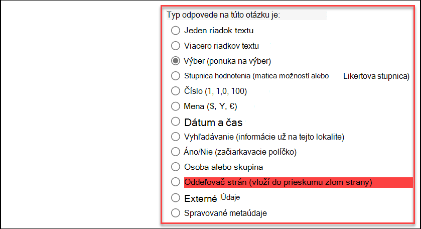 snímka obrazovky s typom odpovede
