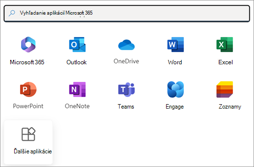 Výber aplikácií Microsoft 365. Posledná dlaždica je Ďalšie aplikácie.