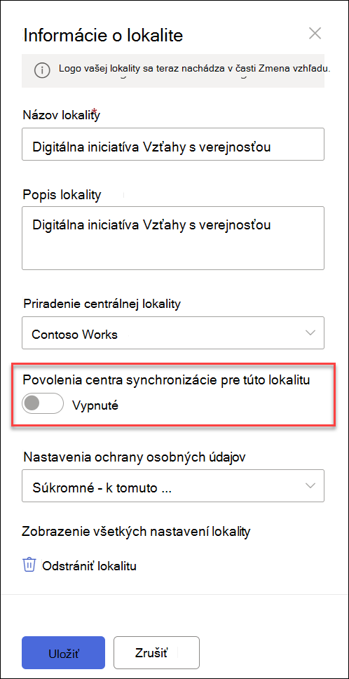 snímky obrazovky s prepínačom synchronizácie priradených lokalít