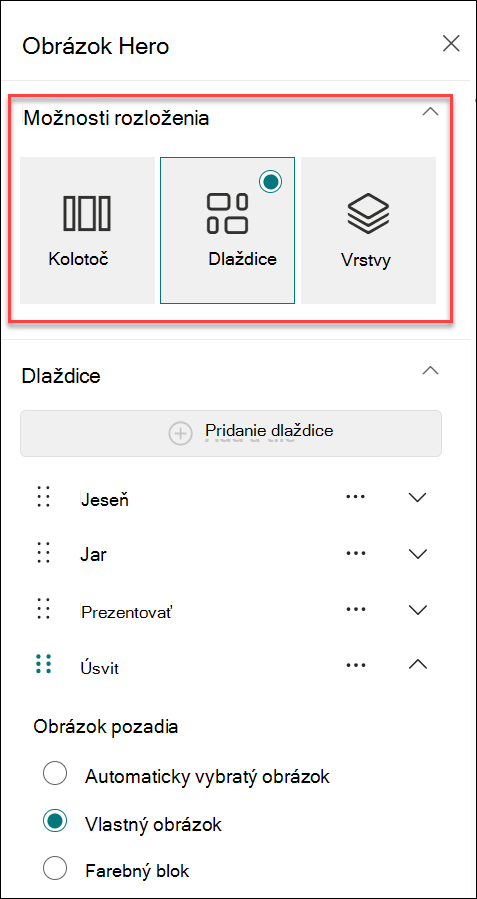 Snímka obrazovky zmeny rozloženia z tably Vlastnosti
