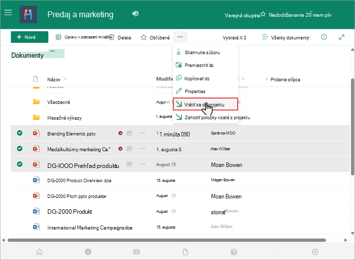 V knižnici SharePointu môžete vybrať a vrátiť do projektu viacero súborov.