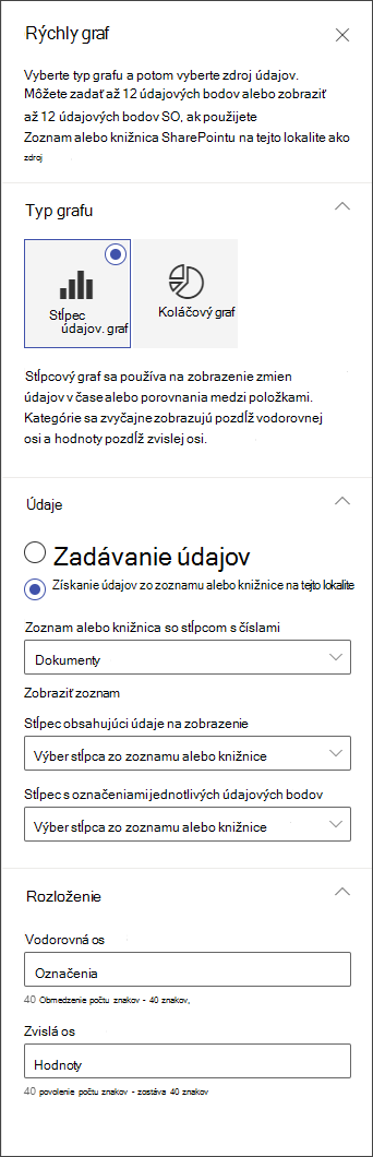 snímka obrazovky s panelom na úpravu stĺpcového grafu