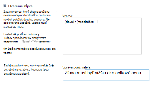 Dialógové okno Overenie stĺpca a polia vyplnené vzorovými údajmi