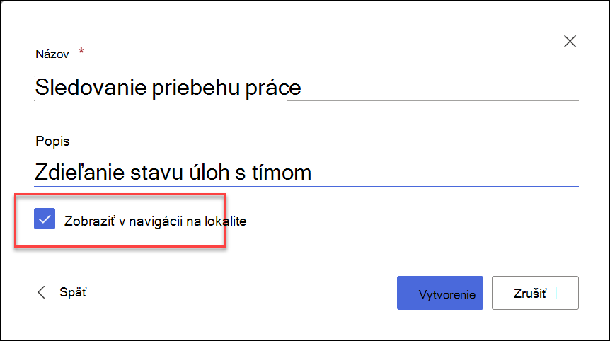 snímka obrazovky vytvorenia zoznamu z lokality SharePoint
