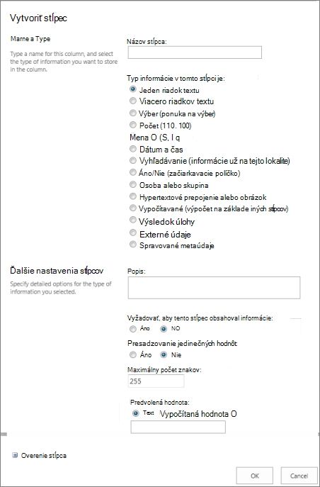 Dialógové okno Vytvorenie stĺpca