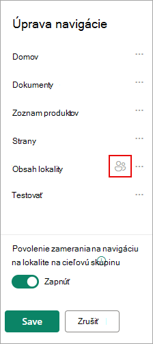 V časti Upraviť navigáciu sa nachádza ikona potvrdzujúca zacielené prepojenia.
