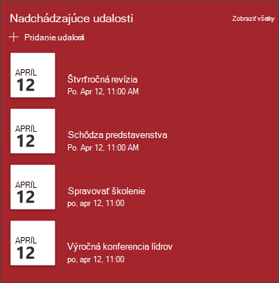 Snímka obrazovky s webovou časťou Udalosti