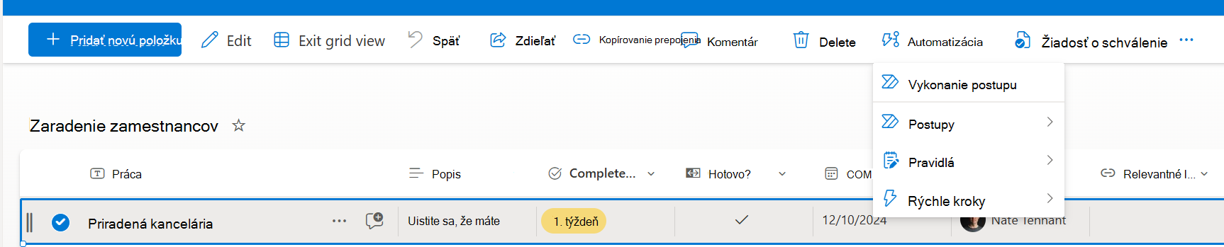Vybratá položka s možnosťou spustenia rýchleho kroku