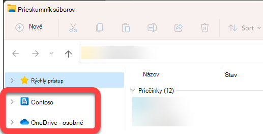 Na navigačnej table na ľavej strane Prieskumníka sa nachádzajú priečinky najvyššej úrovne pre synchronizovanú knižnicu SharePointu a synchronizovaný OneDrive.