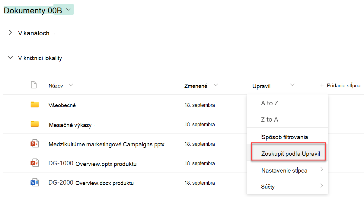 snímka obrazovky zoskupenia podľa názvu stĺpca