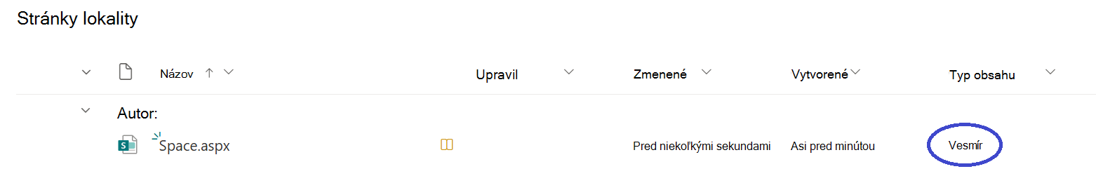 Priestory SharePointu môžete identifikovať tak, že prejdete do knižnice Stránky na lokalite a vyhľadáte súbory s priestorom typu obsahu