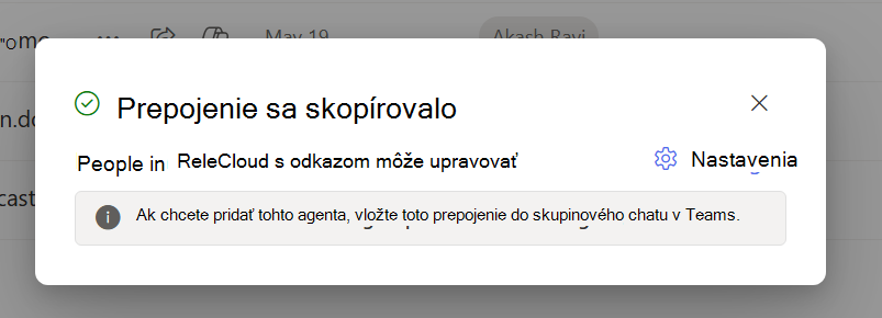 Dialógové okno s informáciou používateľom, že prepojenie na zdieľanie sa skopírovalo do ich schránky.
