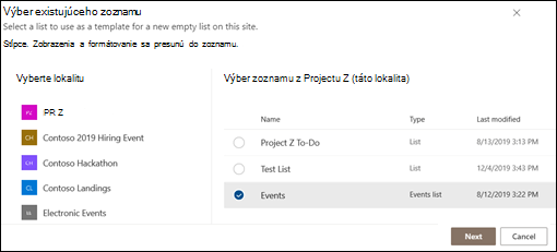 Výber existujúceho zoznamu