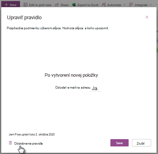 Snímka obrazovky odstránenia pravidla pre zoznam zo stránky Úprava pravidla.