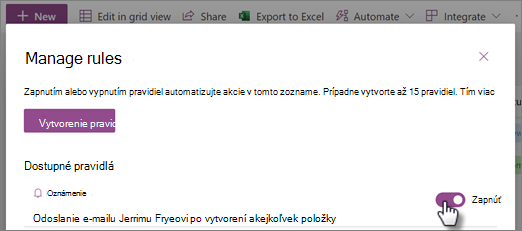 Snímka obrazovky s postupom zapnutia alebo vypnutia pravidla na stránke Správa pravidiel.
