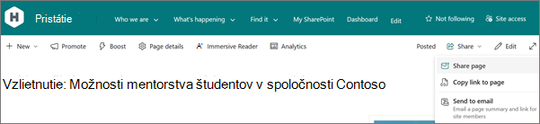 Snímka obrazovky s tlačidlom Zdieľať v pravej hornej časti stránky.