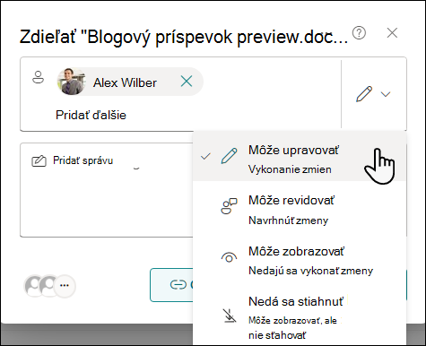 Vyberte nastavenie povolení pre ľudí, ktorí sú pozvaní na zdieľanie dokumentu