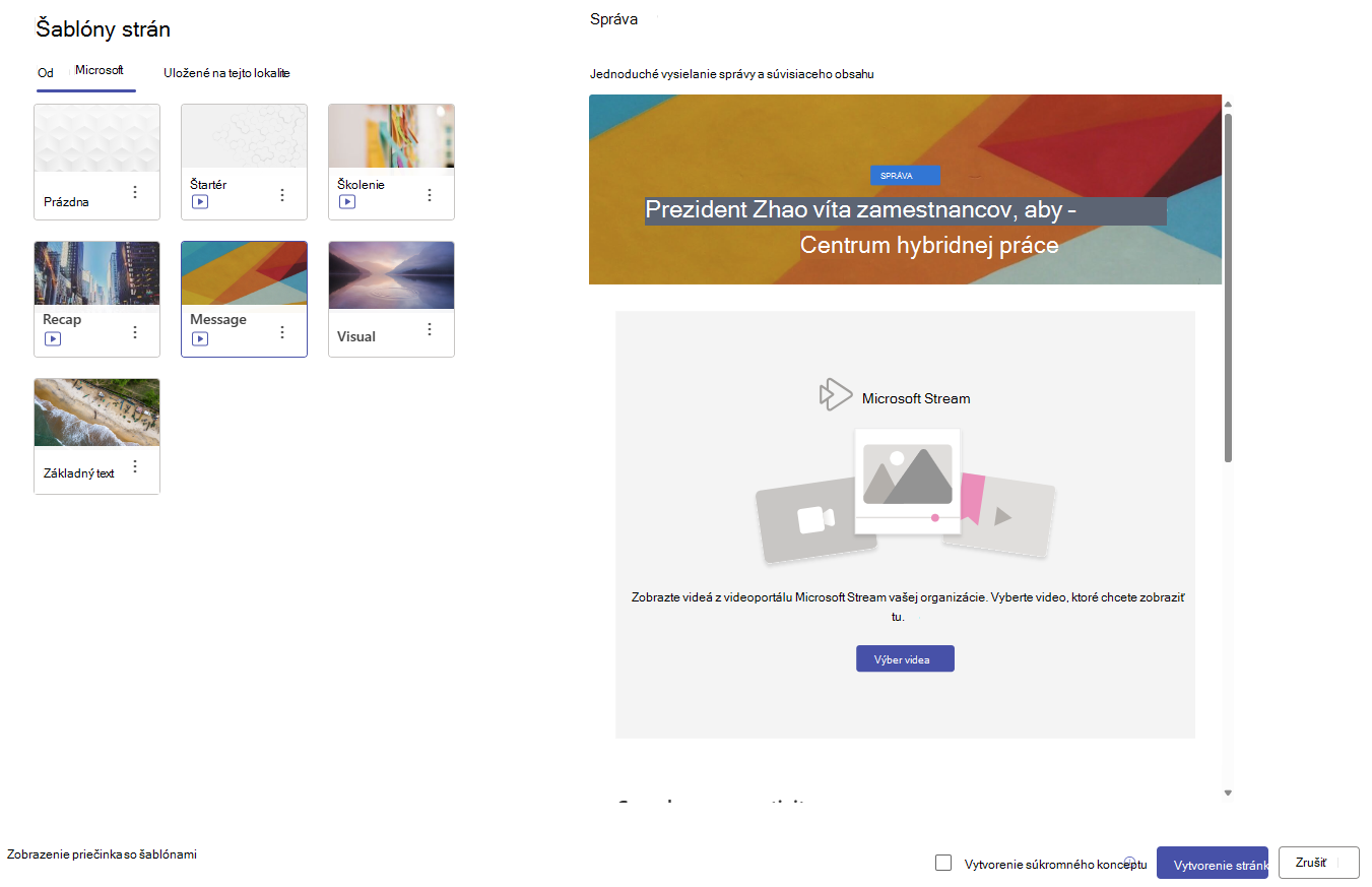 Výber šablóny pre stránky SharePointu