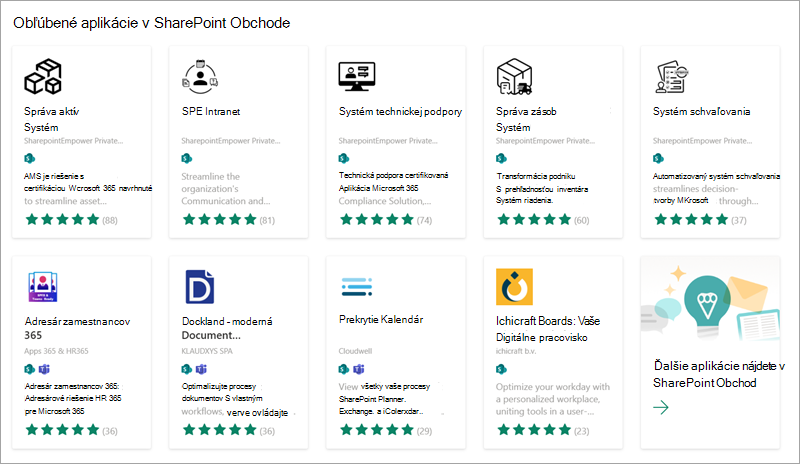 Snímka obrazovky zobrazujúca niektoré obľúbené aplikácie, ktoré môžete pridať na svoju lokalitu zo SharePoint Obchodu.