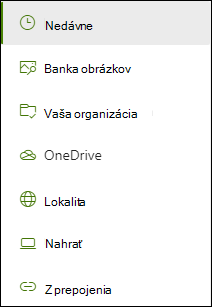 Zoznam umiestnení, ktoré sú k dispozícii pri pridávaní prepojenia.