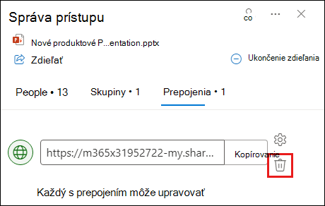 Snímka obrazovky zobrazujúca dialógové okno Správa prístupu s otvorenou kartou Prepojenie. Tlačidlo Odstrániť prepojenie je zvýraznené.