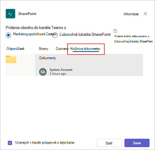 Pridajte do aplikácie Teams knižnicu dokumentov SharePointu.