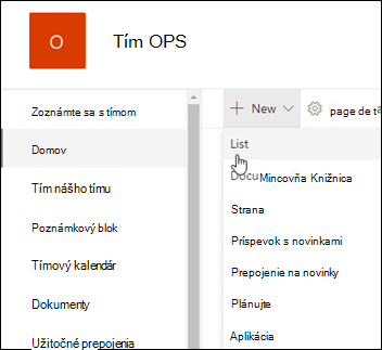 Nový zoznam SharePointu