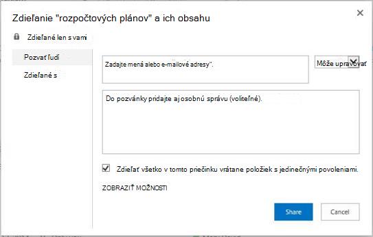 Dialógové okno Zdieľanie priečinka s vybranou položkou Zdieľať všetko v tomto priečinku vrátane položiek s jedinečnými povoleniami