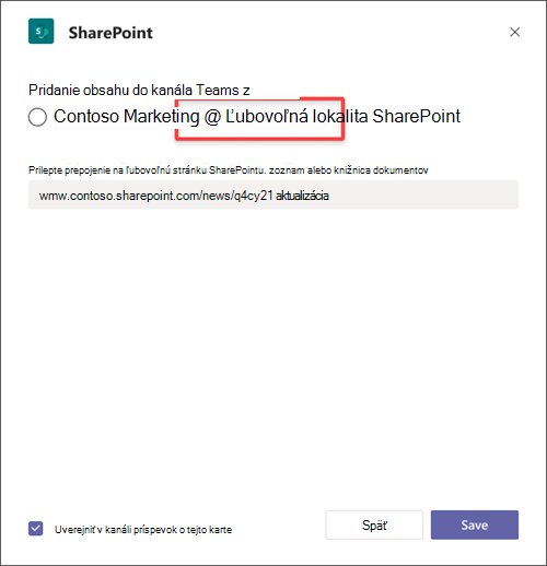 Vyberte možnosť Ľubovoľná lokalita SharePoint na prilepenie prepojenia z inej lokality.