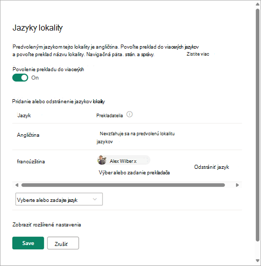 Snímka obrazovky zobrazujúca stránku Jazyky lokality v SharePointe.