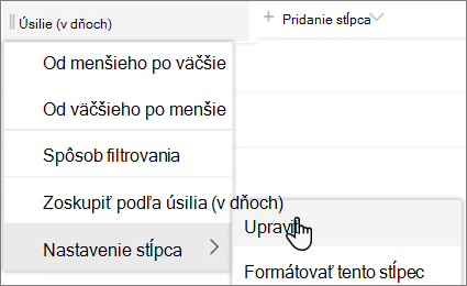Tabla Upraviť stĺpec v SharePointe s vybratou možnosťou Odstrániť