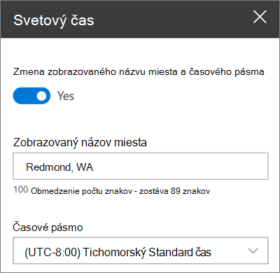 Nástroje webovej časti Svetový čas na lokalitách SharePoint, ktorá zobrazuje spôsob prispôsobenia zobrazovaného názvu a časového pásma