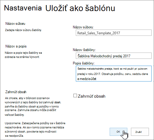 Stránka Uložiť ako šablónu