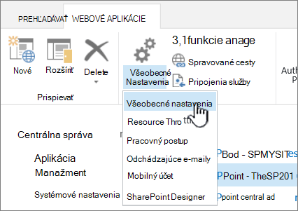Časť Spravovať na páse s nástrojmi s vybratou položkou Všeobecné nastavenia