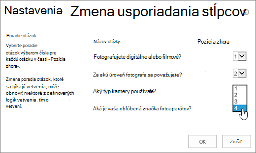 Dialógové okno na zmenu poradia otázok so zvýrazneným rozbaľovacím zoznamom na jednej otázke