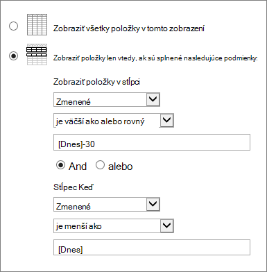 Filtruje pomocou funkcie [Dnes]