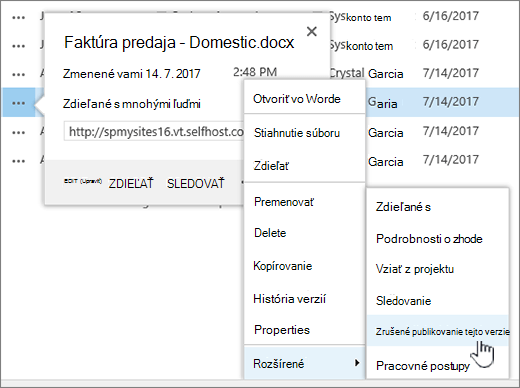 Kliknite na položku Zrušiť publikovanie tejto verzie