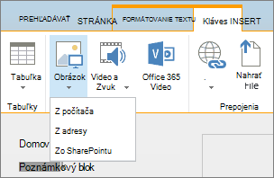 Snímka pása s nástrojmi SharePointu Online. Vyberte kartu Vložiť a potom položku Obrázok. Vyberte, či chcete nahrať súbor z počítača, webovej adresy alebo umiestnenia v SharePointe.