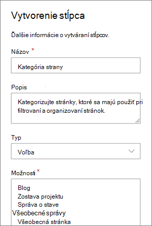 Príklad nastavenia stĺpca výberu kategórie pre blogy