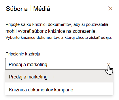 Tabla vlastností Zobrazovač súborov s rozbaľovacím zoznamom Pripojiť k zdroju