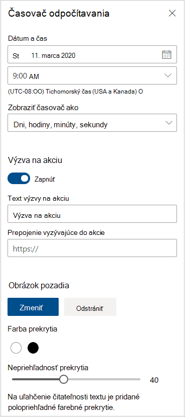 Nastavenia časovača odpočítavania