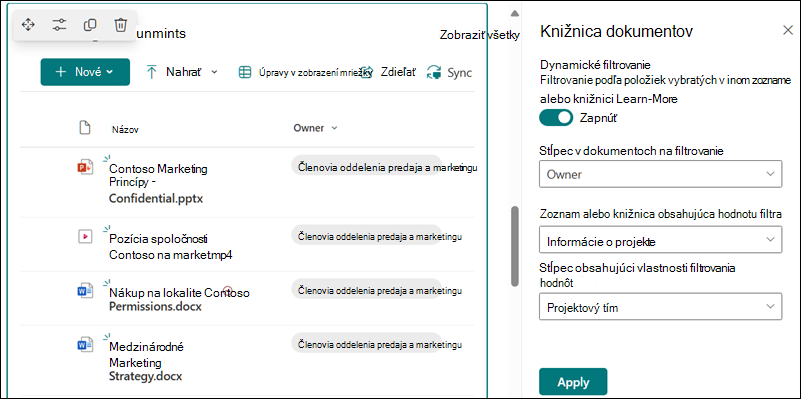 Knižnica dokumentov s otvorenou tablou pre možnosti dynamického filtrovania