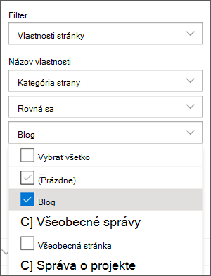 Filter nastavený na položku Blogy na table webovej časti Správy